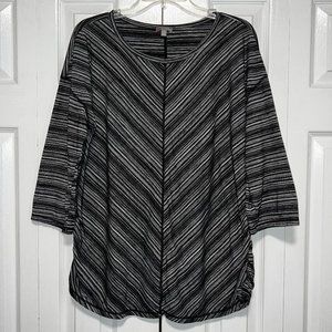 TALBOTS T Striped 3/4 Sleeve Black Shirt with Ruched Side Detail - Like New Sz L